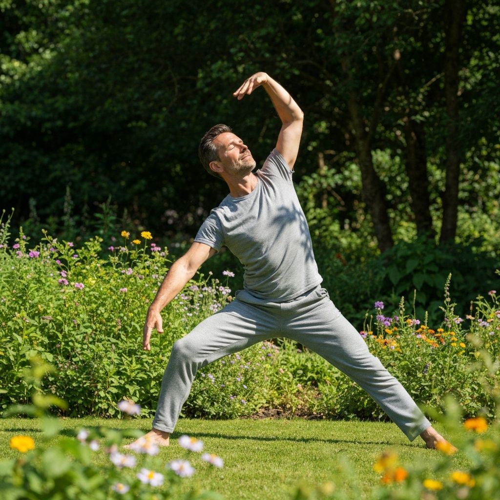 Pria melakukan yoga lembut di taman